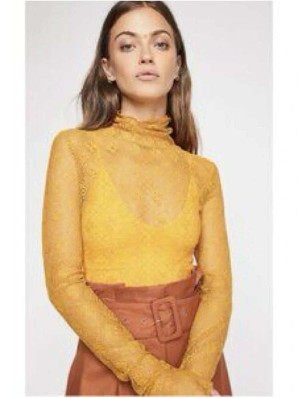 Intimately Free People Sweet Memories Sheer Lace Turtleneck Mustard Yellow XS - Picture 14 of 14